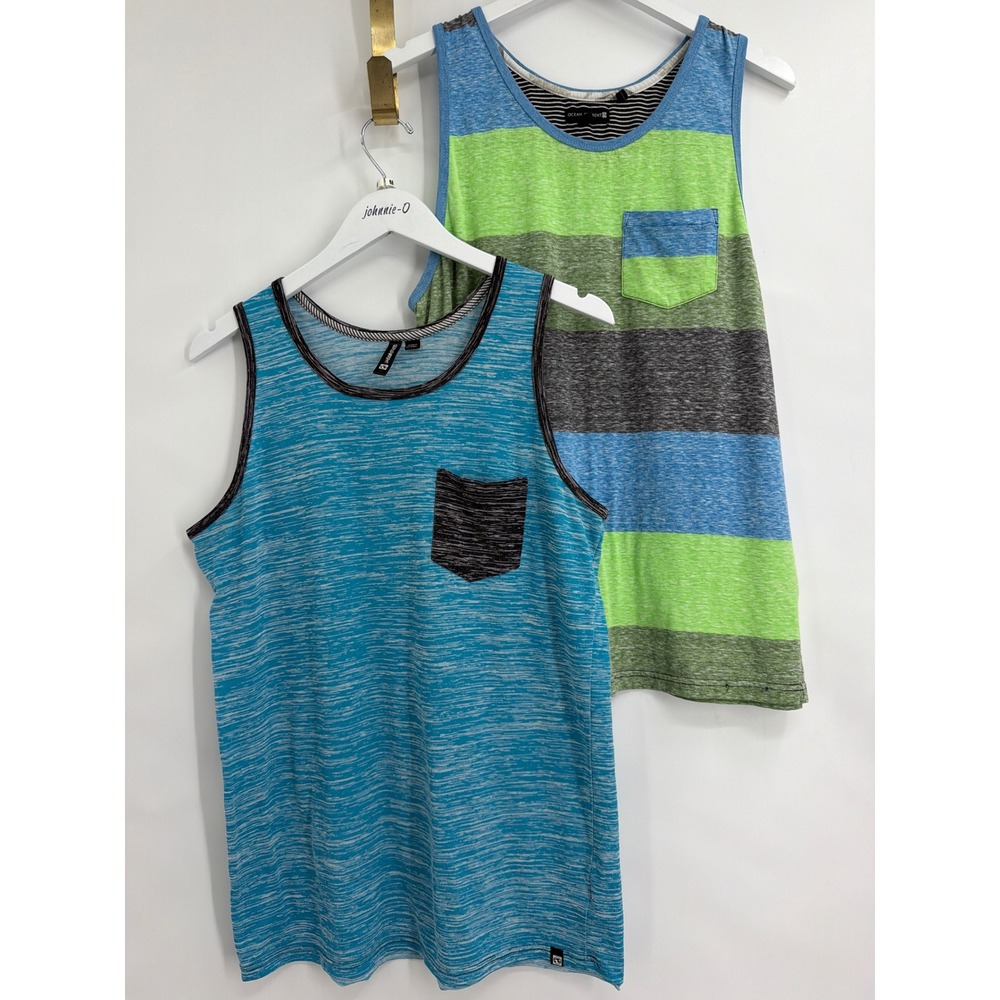 Ocean Current Mens‎ Tank Top Bundle Size Large Blue Space Dye Striped Pocket 2pk